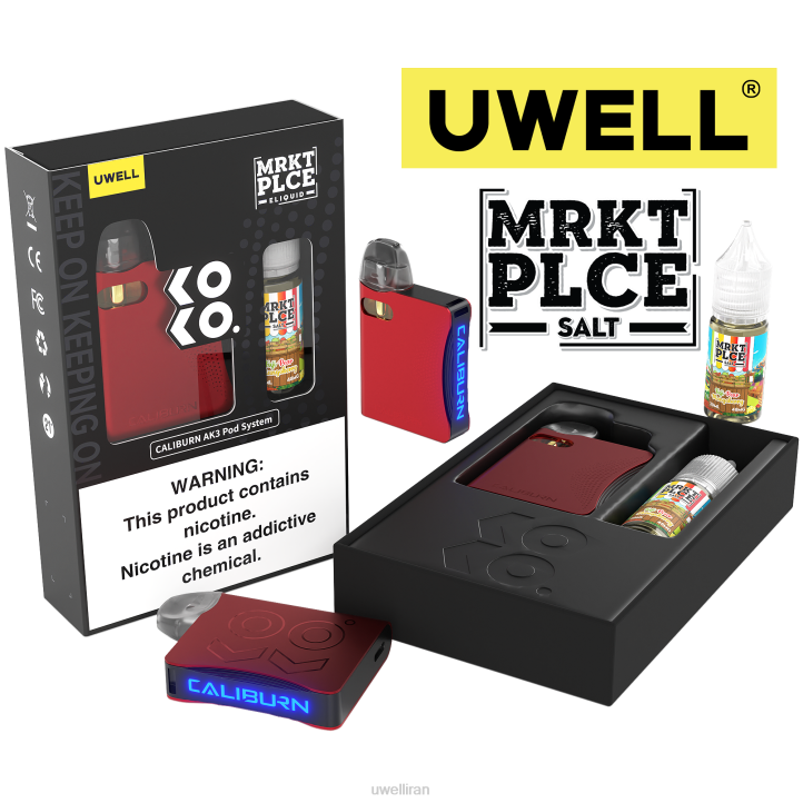 UWELL CALIBURN AK3 کیت + غلاف 0.8 اهم a3s (x2) + بخار بابا 10 میلی لیتر نمک 50 میلی گرم crl: قرمز/flv: توت ممنوع 50 میلی گرم 6DRV244 | UWELL VAPE FLAVOURS